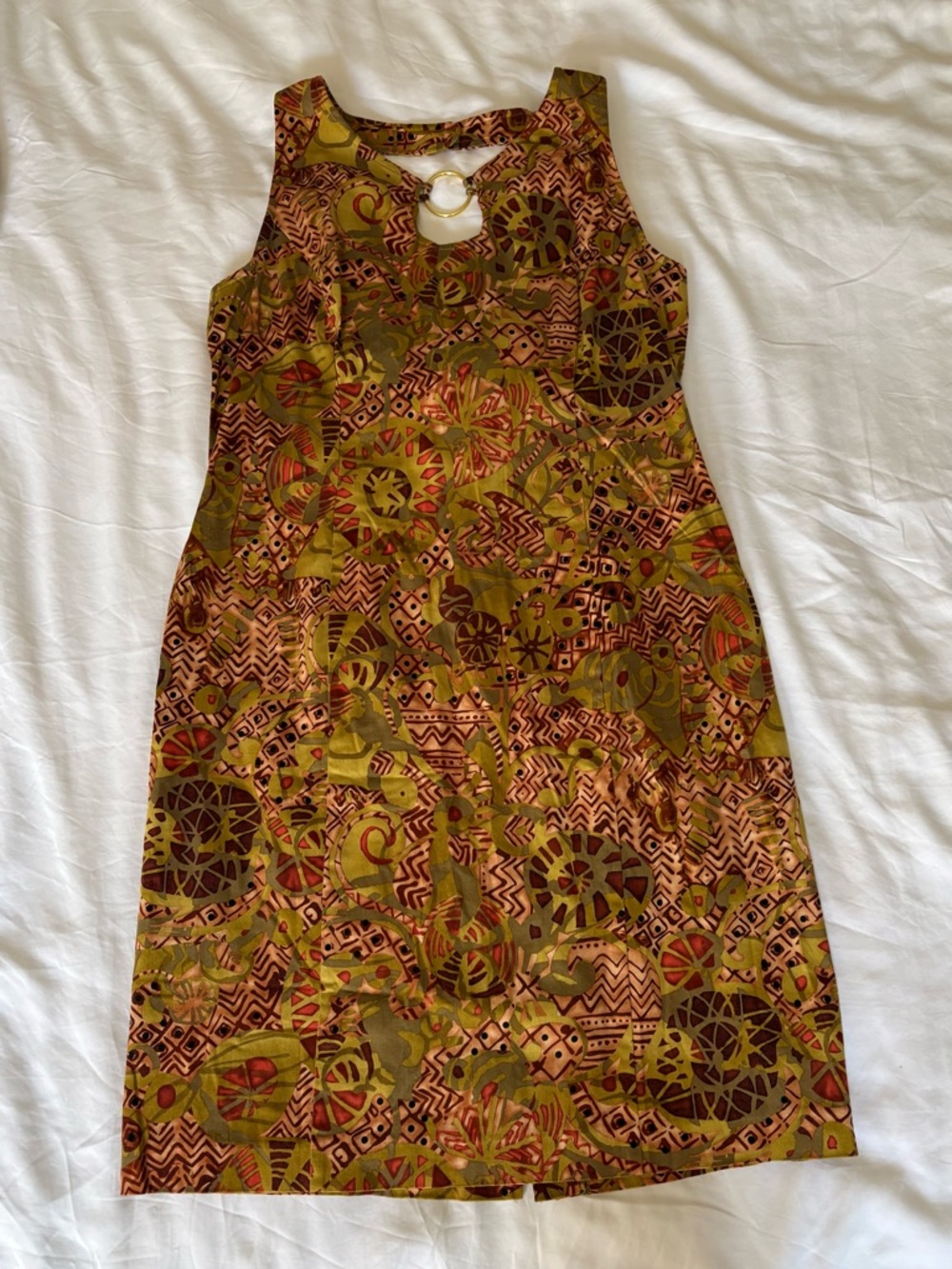MENU Olive & Rust Patterned Midi Dress with Ring Detail
